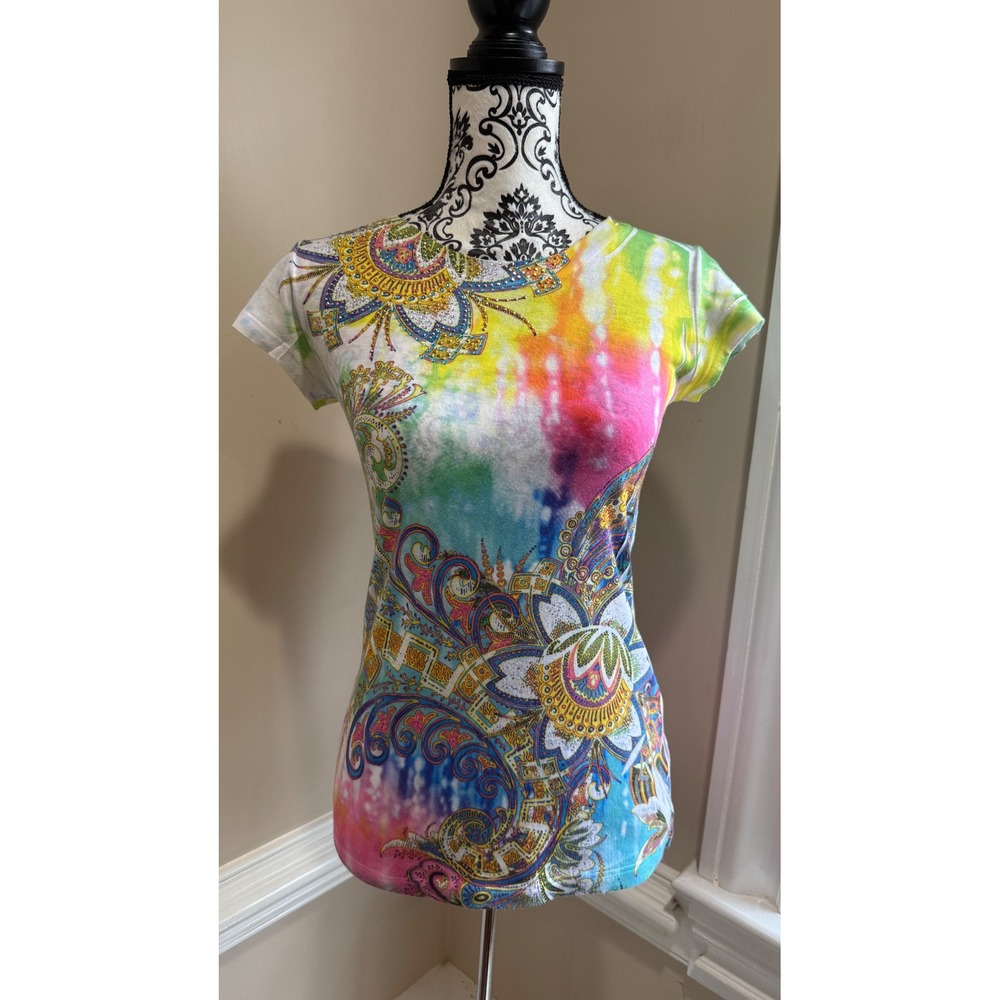 Cache Womens Y2K Paisley Rhinestone Short Sleeve Top Multicolor Size M Fairy